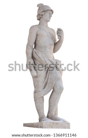 Sculpture of the ancient Greek god Mercury isolate. Mercury was a messenger and a god of trade, profit and commerce. Royalty-Free Stock Photo #1366911146