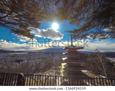 Mt. Fuji with red red Chureito Pagoda in autumn fall colors, Fujiyoshida, Japan,Symbolic place of Japan,Kyoto, Japan. A sunrise with the red Kiyomizu-dera temple on a hill in Kyoto, Japan, with a view