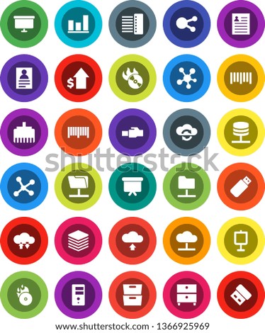 White Solid Icon Set- presentation vector, archive, personal information, graph, dollar growth, board, barcode, music hit, social media, network, folder, server, cloud, exchange, big data, hub, usb