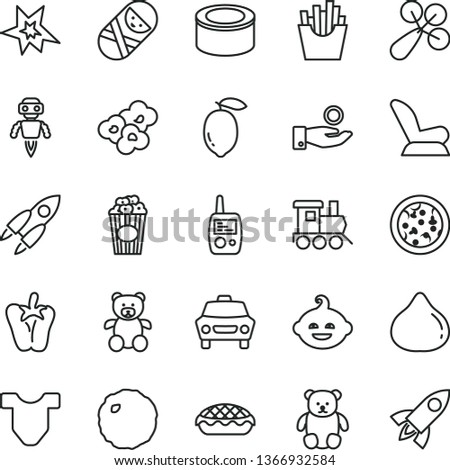 thin line vector icon set - Child T shirt vector, baby rattle, car seat, tumbler, toy mobile phone, teddy bear, small, funny hairdo, train, canned goods, pizza, apple pie, cabbage, peper, popcorn