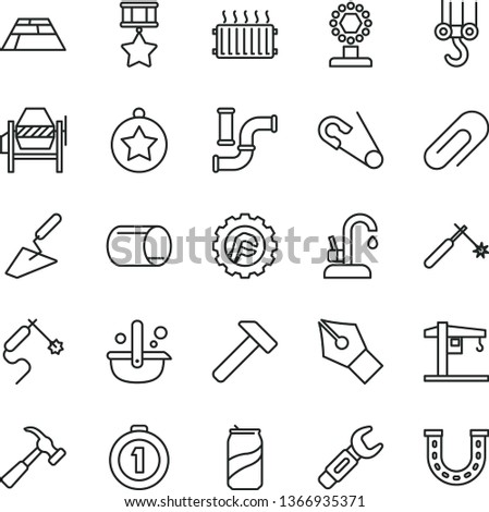 thin line vector icon set - clip vector, open pin, crane, winch hook, trowel, concrete mixer, star gear, paving slab, kitchen faucet, hammer, with claw, soda can, water pipes, pipe, welding, gas