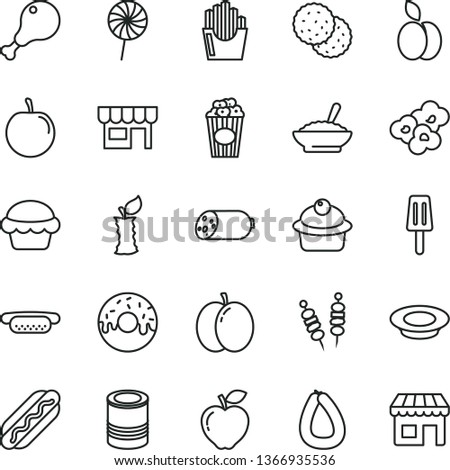 thin line vector icon set - kiosk vector, sausage, stick of, tin, fried vegetables on sticks, Hot Dog, mini, cake, muffin, glazed with a hole, bowl buckwheat porridge, plate milk, chicken leg, cup