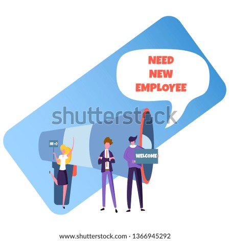 search and hire a new employee, friendly team of office workers are looking for a specialist using loudspeaker, vector image, flat design, colorful and simple characters