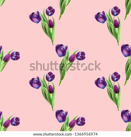 Seamless pattern from beautiful black tulips. Floral collection. Marker drawing. Watercolor painting. Floral composition of design elements. Greeting card. Painted background. Hand drawn illustration.