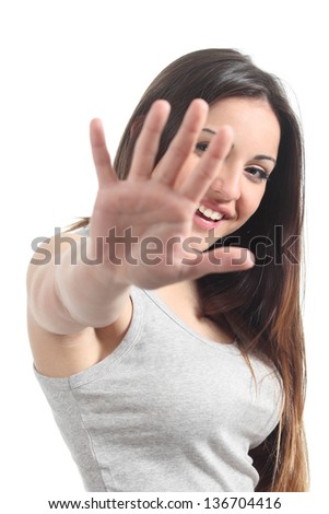 Beautiful playful teenager saying no photos isolated on a white background