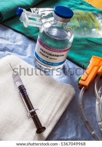 Vials with Sodium pentobarbital used for euthanasia and lethal inyecion in a hospital, conceptual image