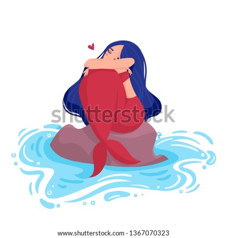 Mermaid with blue hair and red tail sits on a stone in the water and hugging knees. Isolated illustration