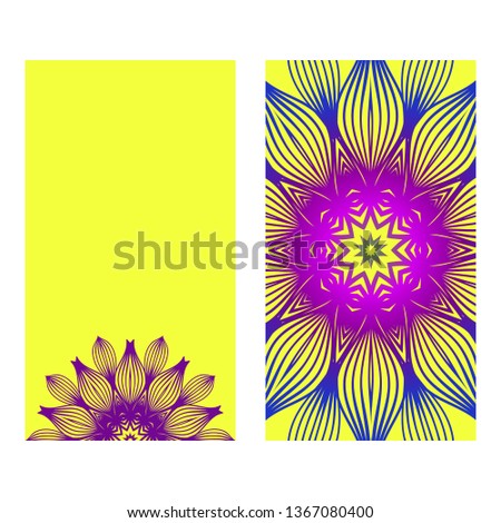 Ethnic Mandala Ornament. Templates With Mandalas. Vector Illustration For Congratulation Or Invitation Diwali Festival Greeting Card. Yellow purple color.