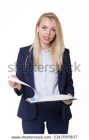 A blonde in a blue suit holds a folder with the company's development schedule. Isolated