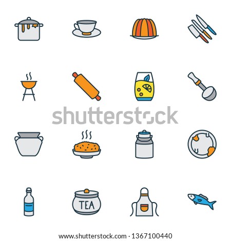 Cook icons colored line set with lemonade, fish, wine bottle and other sharp elements. Isolated vector illustration cook icons.