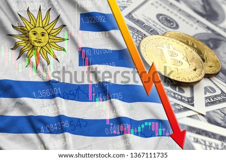 Uruguay flag and cryptocurrency falling trend with two bitcoins on dollar bills