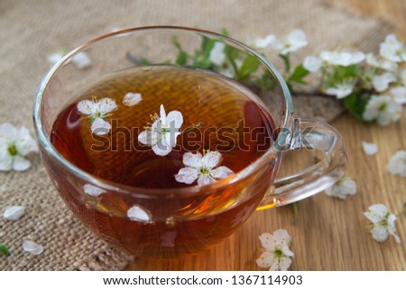 Cup of tea. Black invigorating tea on a spring morning for a good mood.