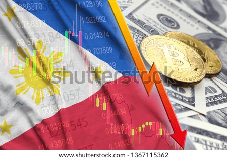 Philippines flag and cryptocurrency falling trend with two bitcoins on dollar bills
