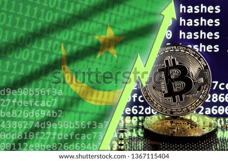 Mauritania flag and rising green arrow on bitcoin mining screen and two physical golden bitcoins