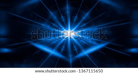 Dark blue tunnel, a ray of light. Abstract blue background.