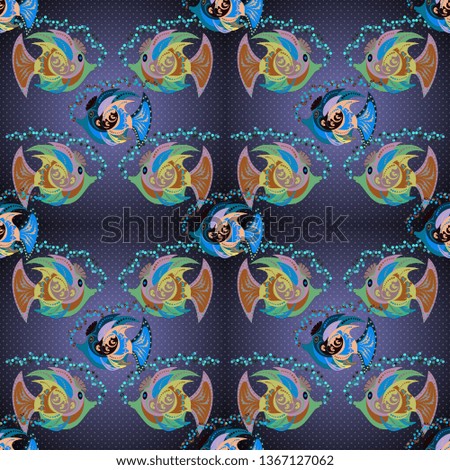 Seamless pattern with fish. Kids background. Cute fish. Fishes in gray, violet and blue colors.