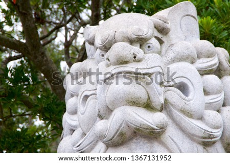 Close up picture of the head of a huge Komainu (dog-lion like guardian) stone statue at the Izanagi Shrine on Awaji Island in Japan
