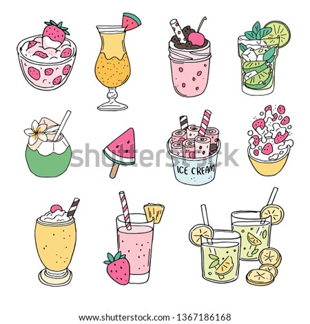 Summer delicious desserts including tropical smoothies, drinks, ice cream, young coconut, watermelon slice. Isolated vector illustration on white background 