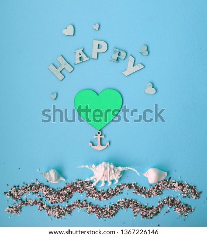 Happy Summer card /wooden heart ,anchor ,seashels/top view
