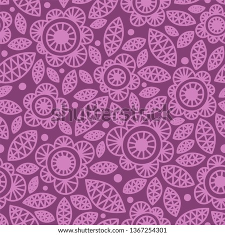 pink flowers and leaves on violet. handdrawn doodle pattern. sophisticated seamless textile design