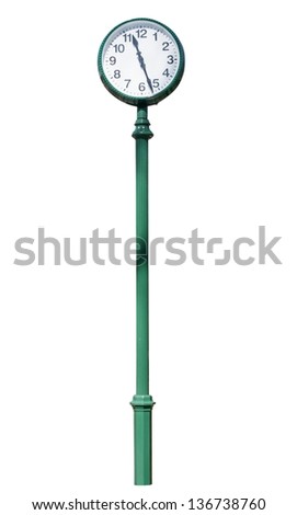 street clock on green column. Isolated over white background.