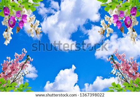 3d sky clouds and beautiful tree , flower    