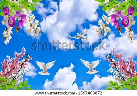 sky clouds and beautiful tree , flower pigeon