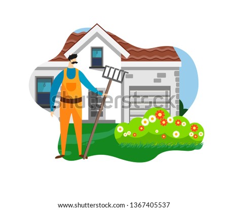 Farmer Man with Rake in Hand Standing on House and Flowerbed Background. Gardener Taking Care of Flowers, Growing Plants in Nature, Clean Ecology, Garden Tools. Cartoon Flat Vector Illustration. Icon.