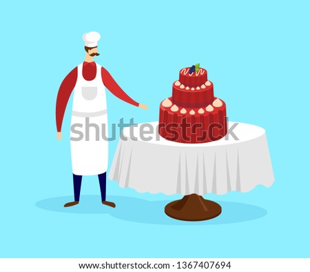 Mustached Man Wearing Apron and Toque Stand near Table with Festive or Wedding Cake Isolated on Blue Background. Culinary, Bakery, Confectionery Character. Cartoon Flat Vector Illustration. Clip Art.