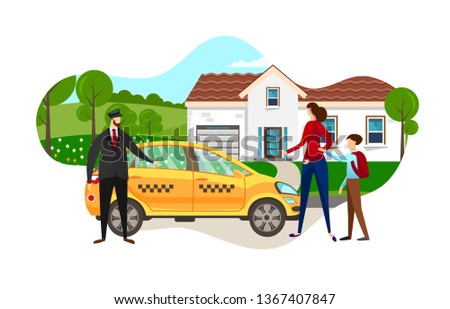 Young Mother with School Boy Son Ordered Taxi Car at Home in City Suburb. Man Driver Standing near Yellow Cab Waiting Passengers, Woman Customer of Service. Cartoon Flat Vector Illustration. Icon.