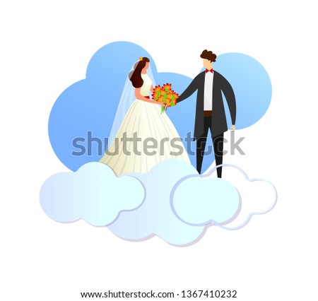 Happy Newlywed Young Loving Couple of Bride in White Dress and Groom in Suit Standing on Clouds. Faceless Characters of Wedding Man and Woman Holding Hands. Cartoon Flat Vector Illustration. Clip Art.