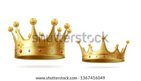 Golden crowns with gems for king or queen set isolated on white background. Crowning headdress for Monarch. Royal gold monarchy medieval coronation symbol, imperial sign. Realistic vector illustration
