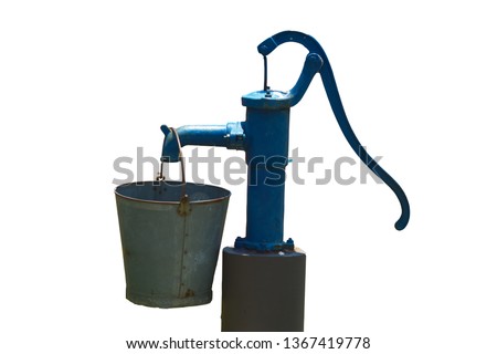 old water pump Antique with bucket isolated on white Royalty-Free Stock Photo #1367419778
