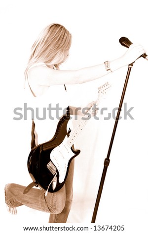 Blonde female rock singer in Sepia on white background