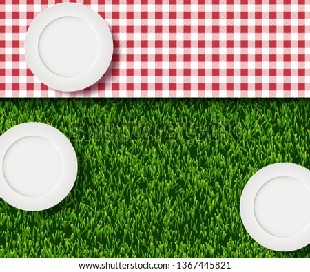 Vector realistic 3d illustration of white empty plate, gingham red plaid on green grass lawn