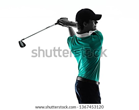 one young caucasian Man Golf golfer golfingshadow silhouette  isolated  on white background
