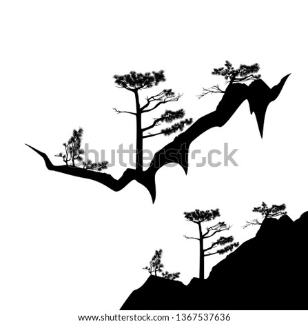 pines on a rocky mountain cliff - traditional asian landscape black and white vector silhouette (all trees are editable)