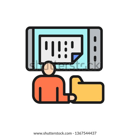 Man stores data in a phone, online storage, mobile database flat color line icon.