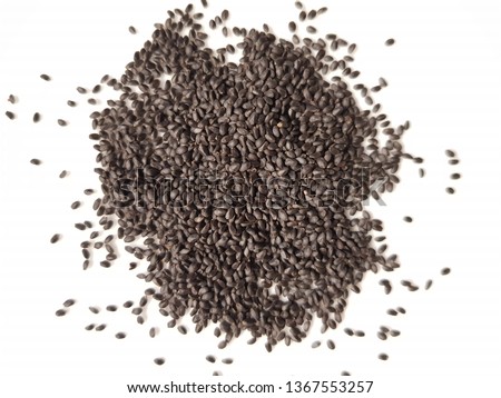 Basil seeds that are used for eating are the seeds from the sweet basil plant, Ocimum basilicum. They are also called Thai basil seeds, falooda, sabja, subza, selasih or tukmaria. Royalty-Free Stock Photo #1367553257