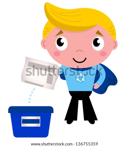 Cute recycle superhero boy separating garbage