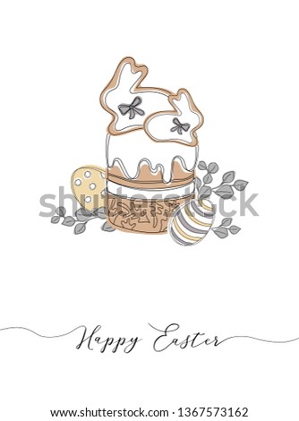 Hand written calligraphic lettering quote Happy Easter, with Easter cake, eggs and bunny. Design concept, element for card, banner, invitation