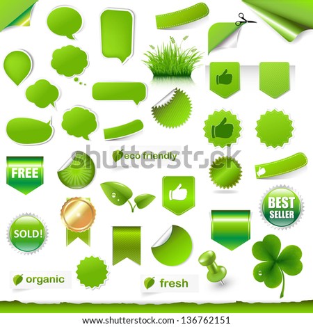 Big Green Labels, Ribbons And Objects Set With Gradient Mesh, Vector Illustration