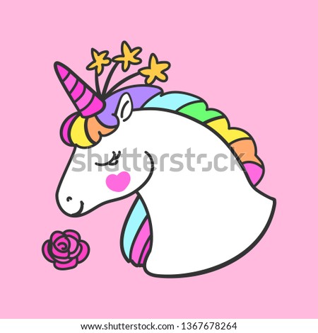 Amazing and beautiful unicorn head with a flower. Cartoon vector design.