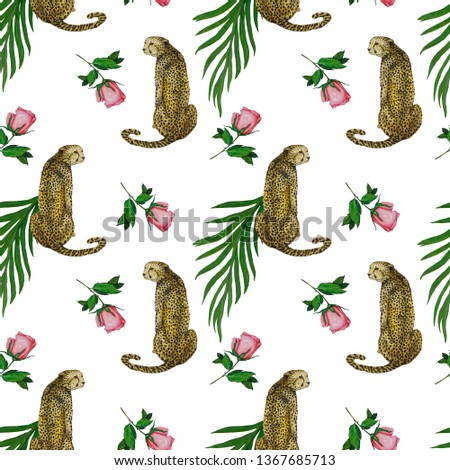 Watercolor seamless pattern with cheetahs on romantic background.  Exotic animalistic seamless pattern. 
