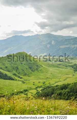 Sunny hiking day in Gudauri, Caucasus Mountains, Georgia, from ski resort Gudauri.