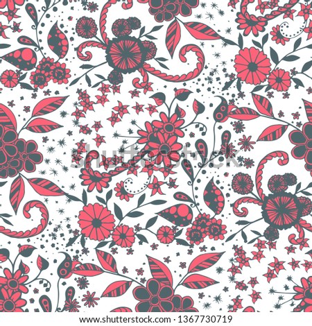 Little Flowers. Seamless Pattern in Country Style. Summer Floral Texture with Hand Drawn Doodle Blossoms, Leaves and Buds. Small Natural Rapport for Chintz, Linen, Textile. Vector Zentangle.