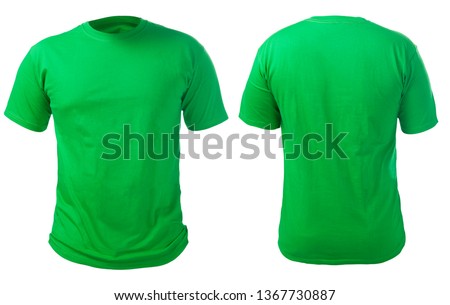 Blank green shirt mock up template, front and back view, isolated on white, plain t-shirt mockup. Tee sweater sweatshirt design presentation for print. Royalty-Free Stock Photo #1367730887