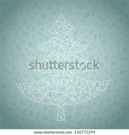 Grunge Lace Christmas Tree Greeting Card made of white lines on blue gradient background. (for vector see image 118404121)