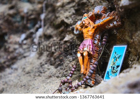 Central America, Colombia, Bogota, Jesus Christ - Crusifix, rosary bead and holy image on a place of pilgrimage