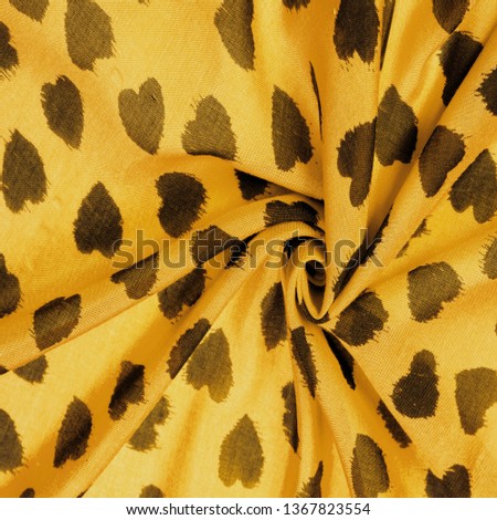 Texture, background, pattern, postcard, silk fabric, yellow print from the fabric of black hearts, your projects will not go unnoticed, this fabric will help you with this